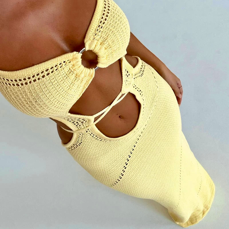 Crochet Me Halter Dress Yellow