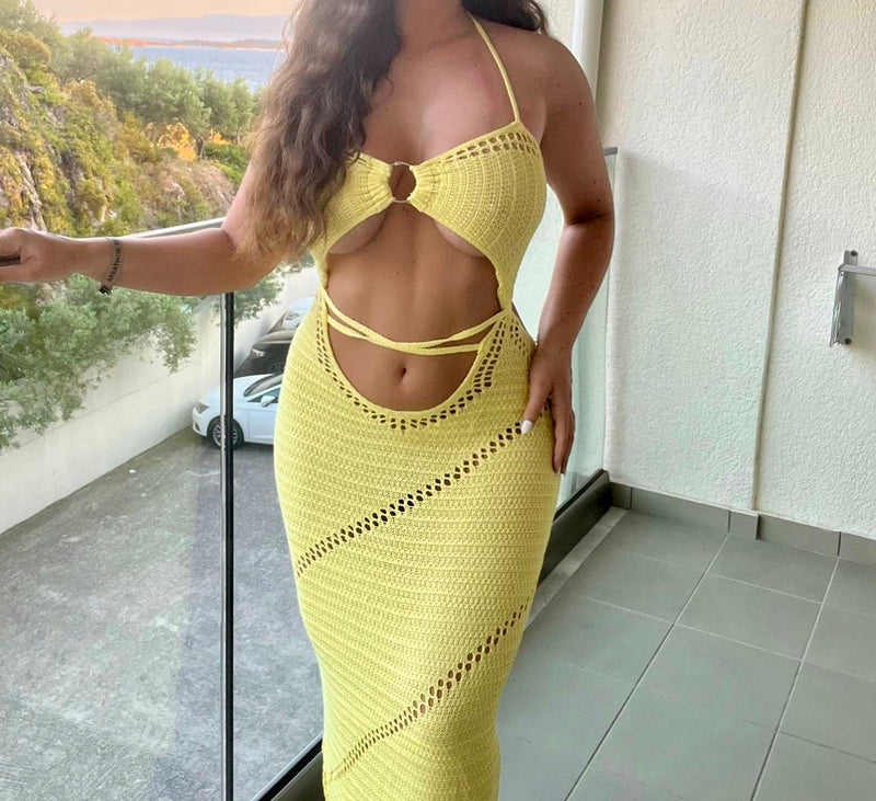 Crochet Me Halter Dress Yellow
